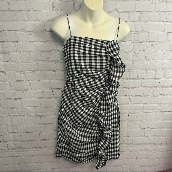 Sabo Skirt New Black Gingham Saha Gingham mini dress cotton ruffle Small Chic - Picture 2 of 10